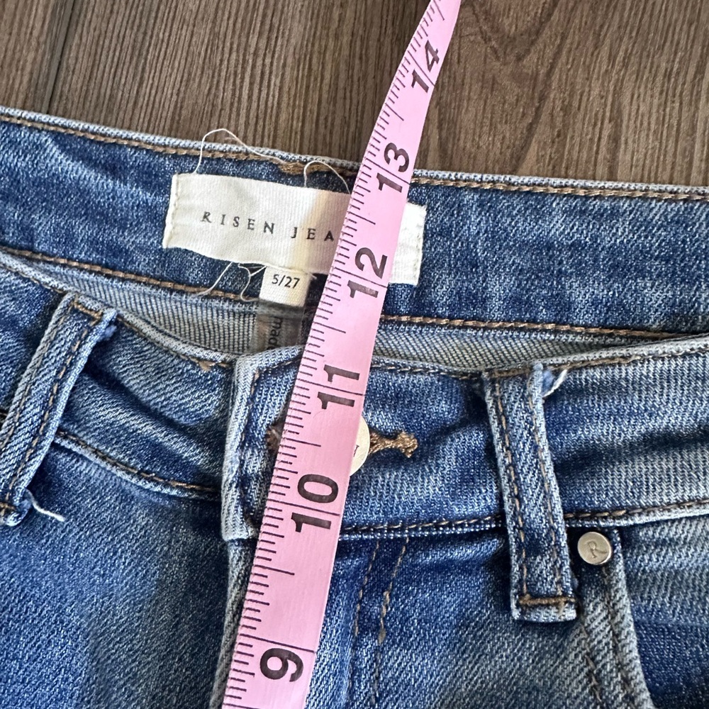 Risen High Rise Flare Jeans Distressed Raw Hem Boutique Denim - Picture 5 of 9